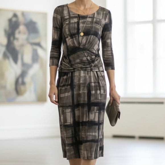 VTG Weekend Max Mara Silk Blend Abstract Taupe Midi Dress XL Y2K Quiet Luxury